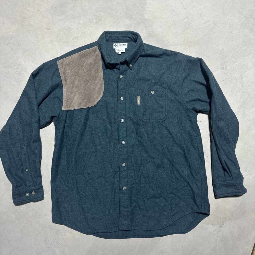 Vintage Columbia Wool Shooting Shirt Leather Patch Blue Men's SZ L Hunting